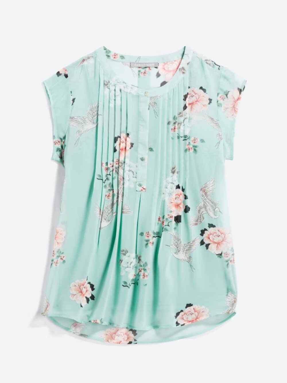 Daniel Rainn Aqua Floral Crane Pleated Cap-Sleeve Blouse